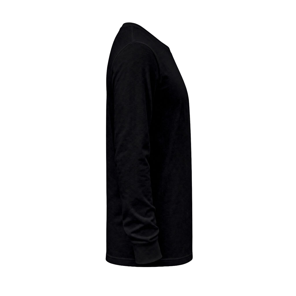 Opposite side view of The Grace of Defiance Long Sleeve T-Shirt in Black, showing the sleeve and straight hem.