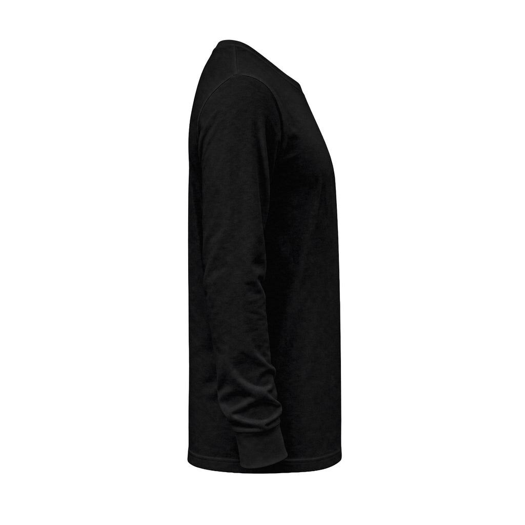 Opposite side view of What Cannot Be Taken Long Sleeve T-Shirt in Black Heather, showing the sleeve and straight hem.