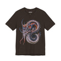 Front of The Shape of a Rumor T-Shirt in Brown, featuring a coiled sea serpent in violet, orange and blue.