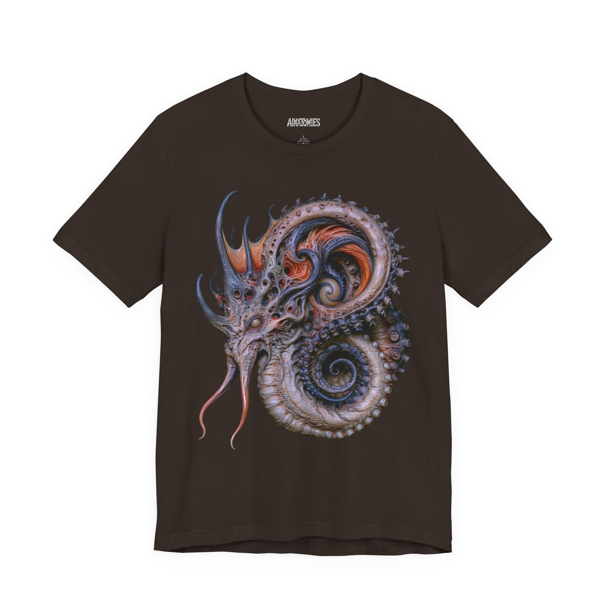 Front of The Shape of a Rumor T-Shirt in Brown, featuring a coiled sea serpent in violet, orange and blue.