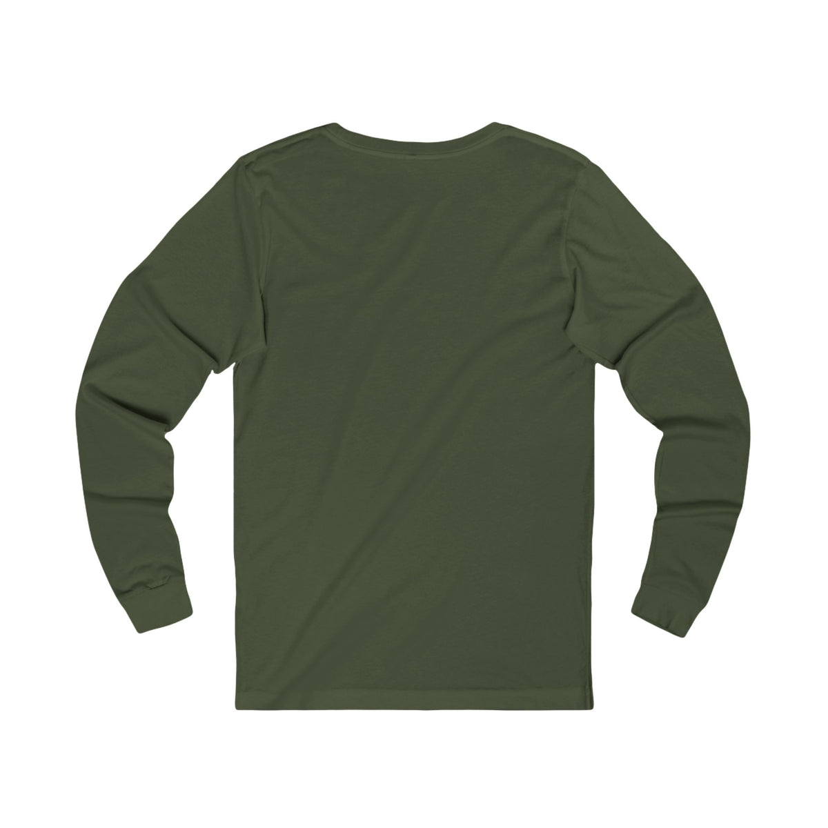Back of The Night Must Yield Long Sleeve T-Shirt in Military Green, showing the unprinted back and long sleeves.