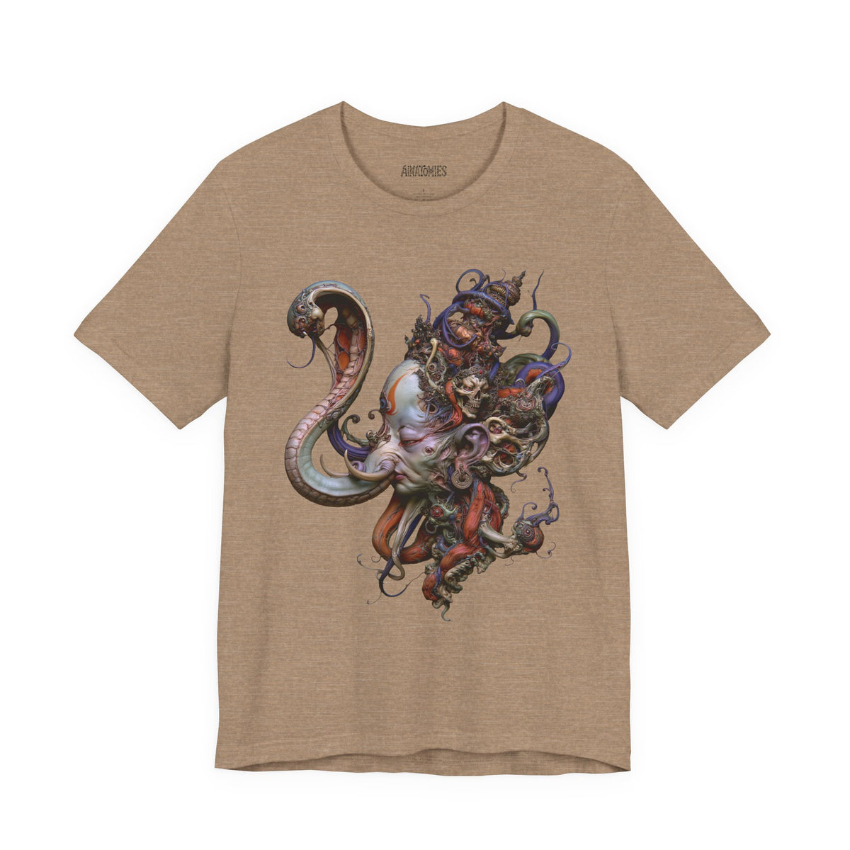 Front of The Eternal Accord T-Shirt in Heather Tan, featuring a richly ornamented figure surrounded by coiling organic forms.