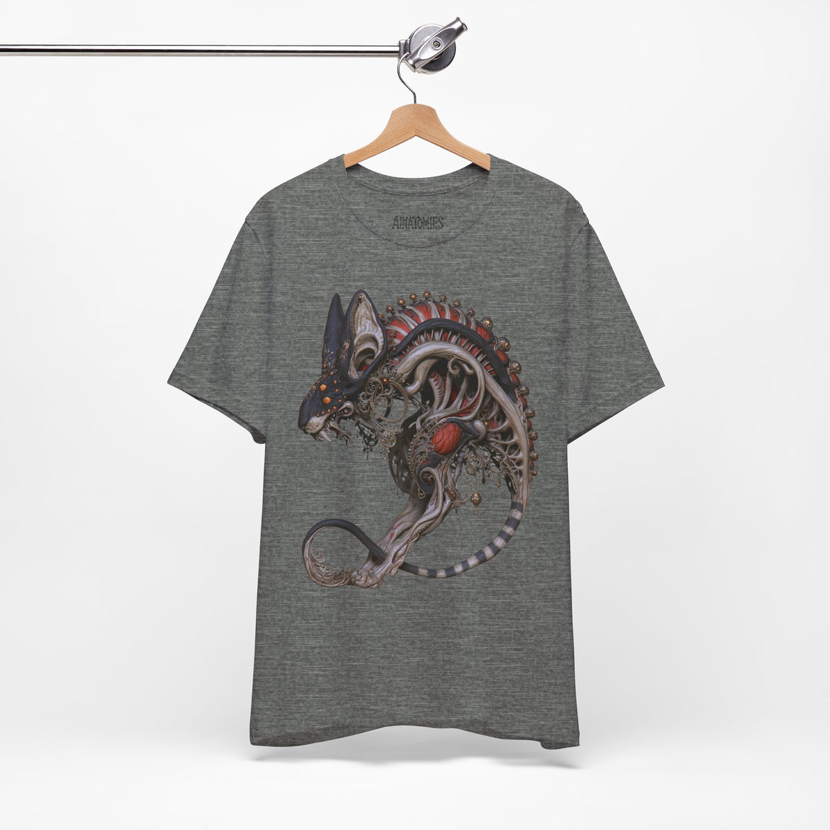 Hanging front view of The Last Threshold T-Shirt in Deep Heather, featuring a skeletal creature with pointed ears and a curled segmented tail.