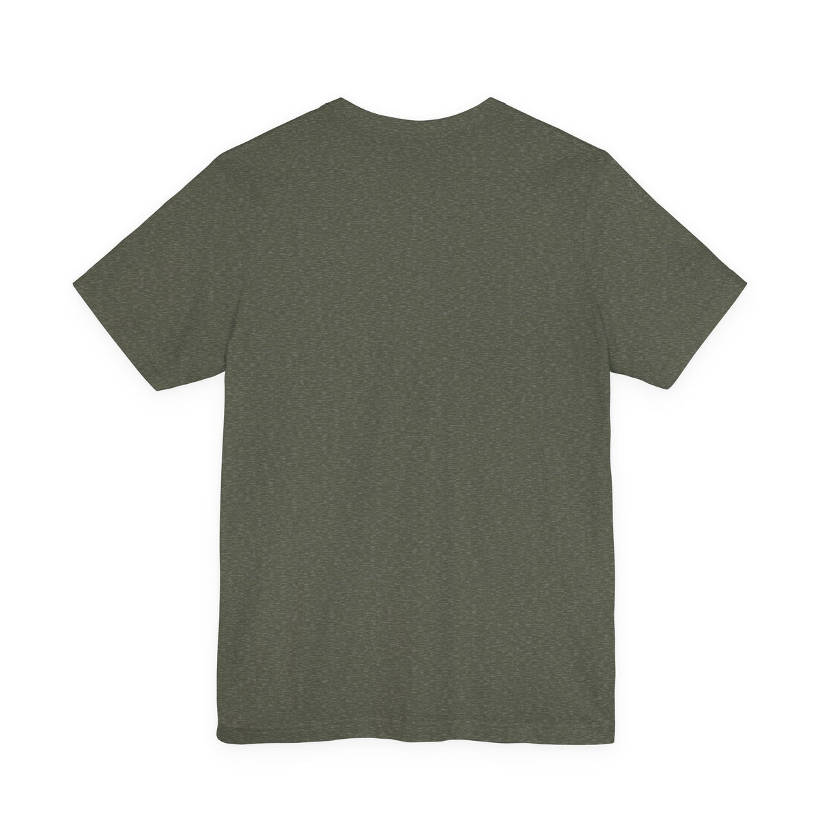 Back of A Stillness That Breathes T-Shirt in Heather Military Green, showing the unprinted back.