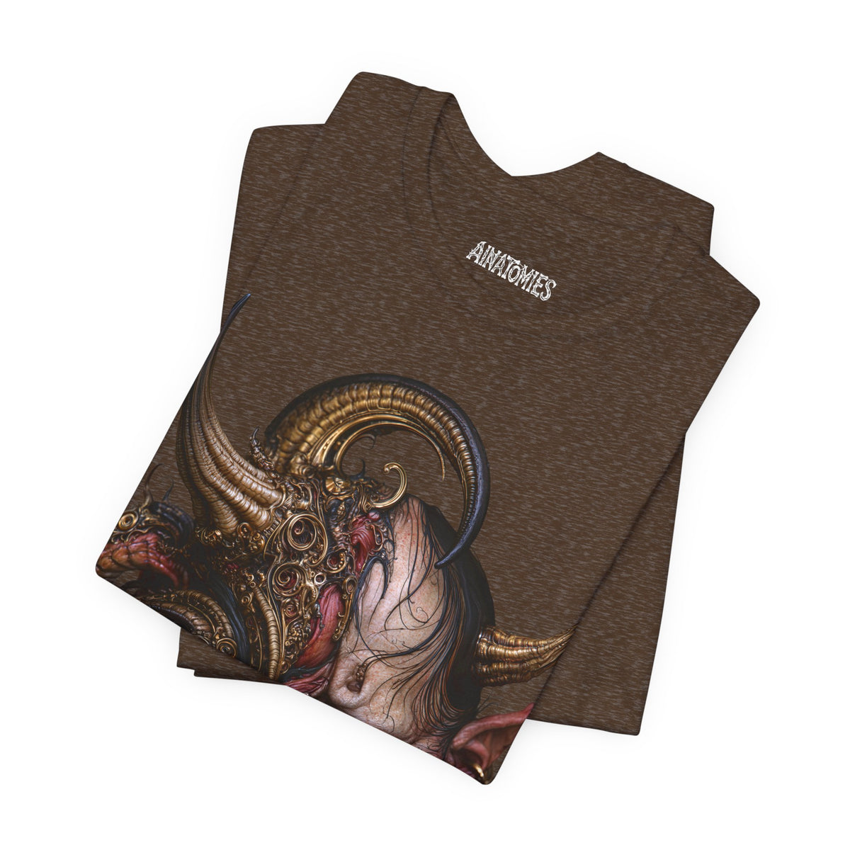 Folded The Hunger Beneath T-Shirt in Heather Brown, showing a close view of a horned creature in pink, red and gold.