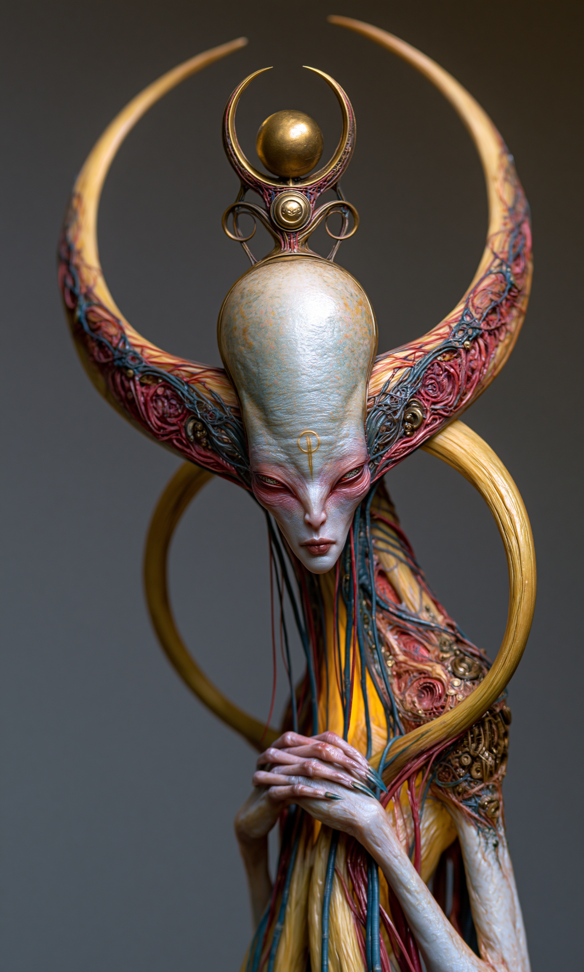 Pale elongated figure with sweeping gold crescents, a golden orb and red and teal anatomical filigree in A Debt Older Than Light by AINATOMIES.