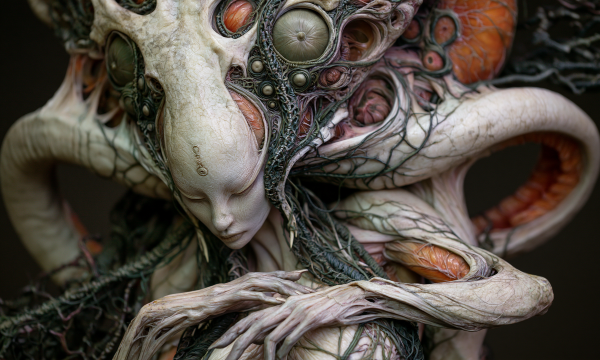 Pale figure with lowered eyes and long fingers amid ivory anatomical curves, green filigree and coral chambers in A Vow Beneath the Skin by AINATOMIES.