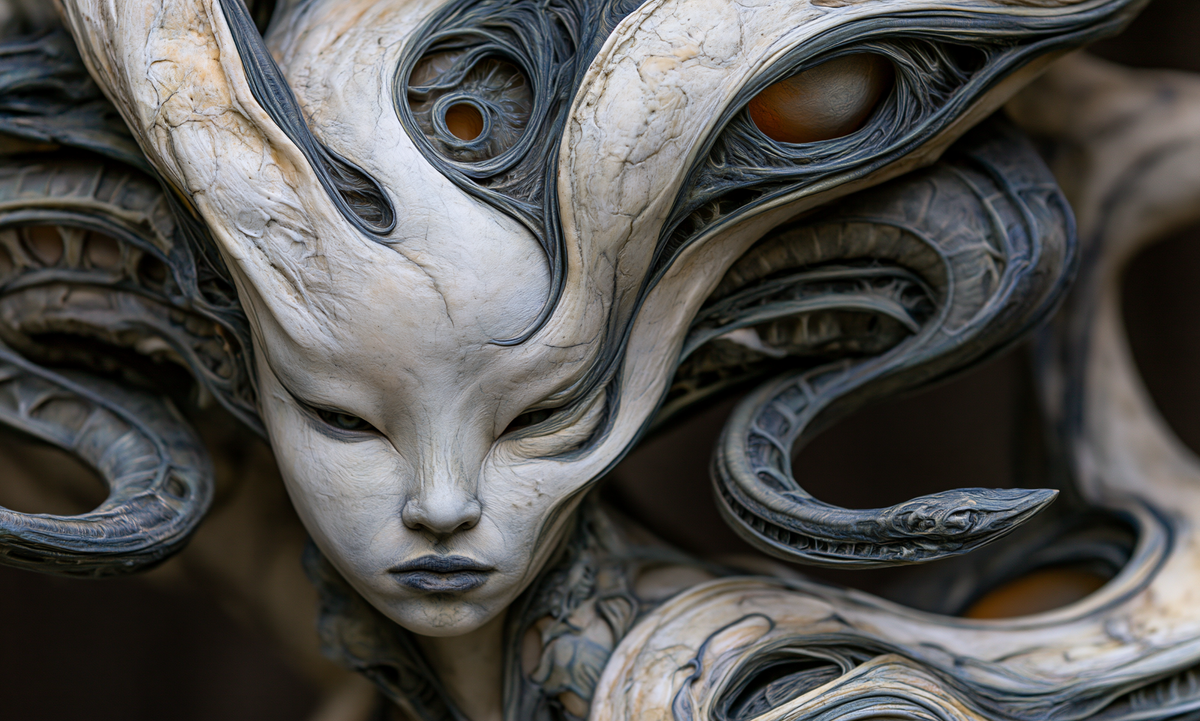 Ivory face with a sweeping crown, blue-gray serpents and amber orbs in Before the World Held Still, a surreal anatomical artwork by AINATOMIES.