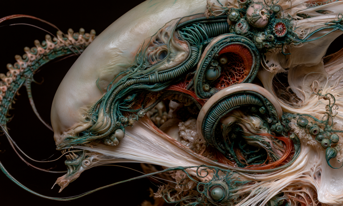 Elongated ivory creature in profile with an open jaw, teal ribbed tubes and rust-red anatomical chambers in Nothing Here Was Empty by AINATOMIES.