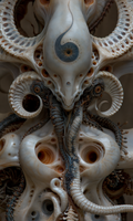 Ivory figure with curled horns, ribbed tendrils and a dark spiral eye motif on its elongated forehead in The Center Has No Edge by AINATOMIES.