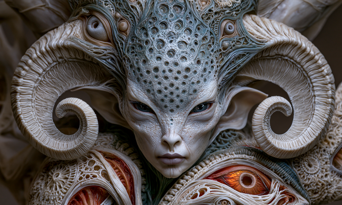 Pale otherworldly face with curled ivory horns, blue-gray filigree and orange eyes in The First Thought Was Borrowed by AINATOMIES.