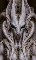 Ivory jackal-like figure with tall ears, glossy dark eyes and intricate ribbed ornament in The Last Honest Weight by AINATOMIES.