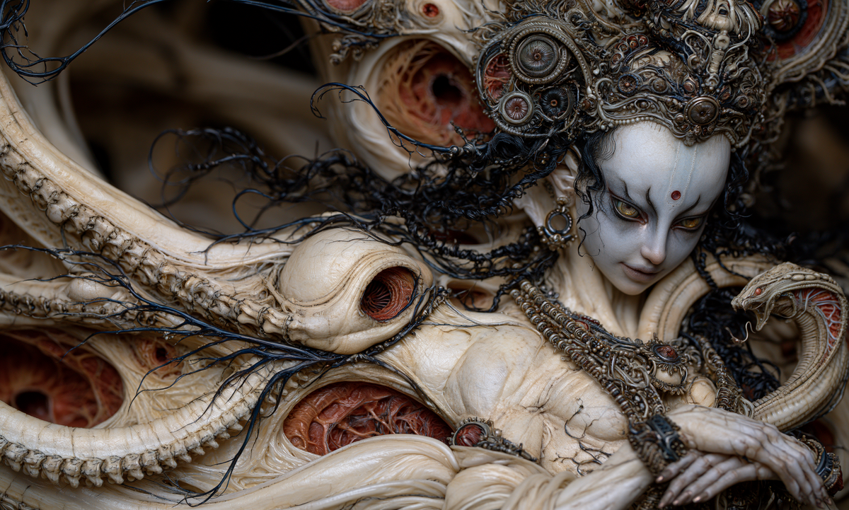A pale crowned figure amid sweeping ivory anatomical forms, dark filaments and rust-red recesses in The Mercy of Remaining by AINATOMIES.