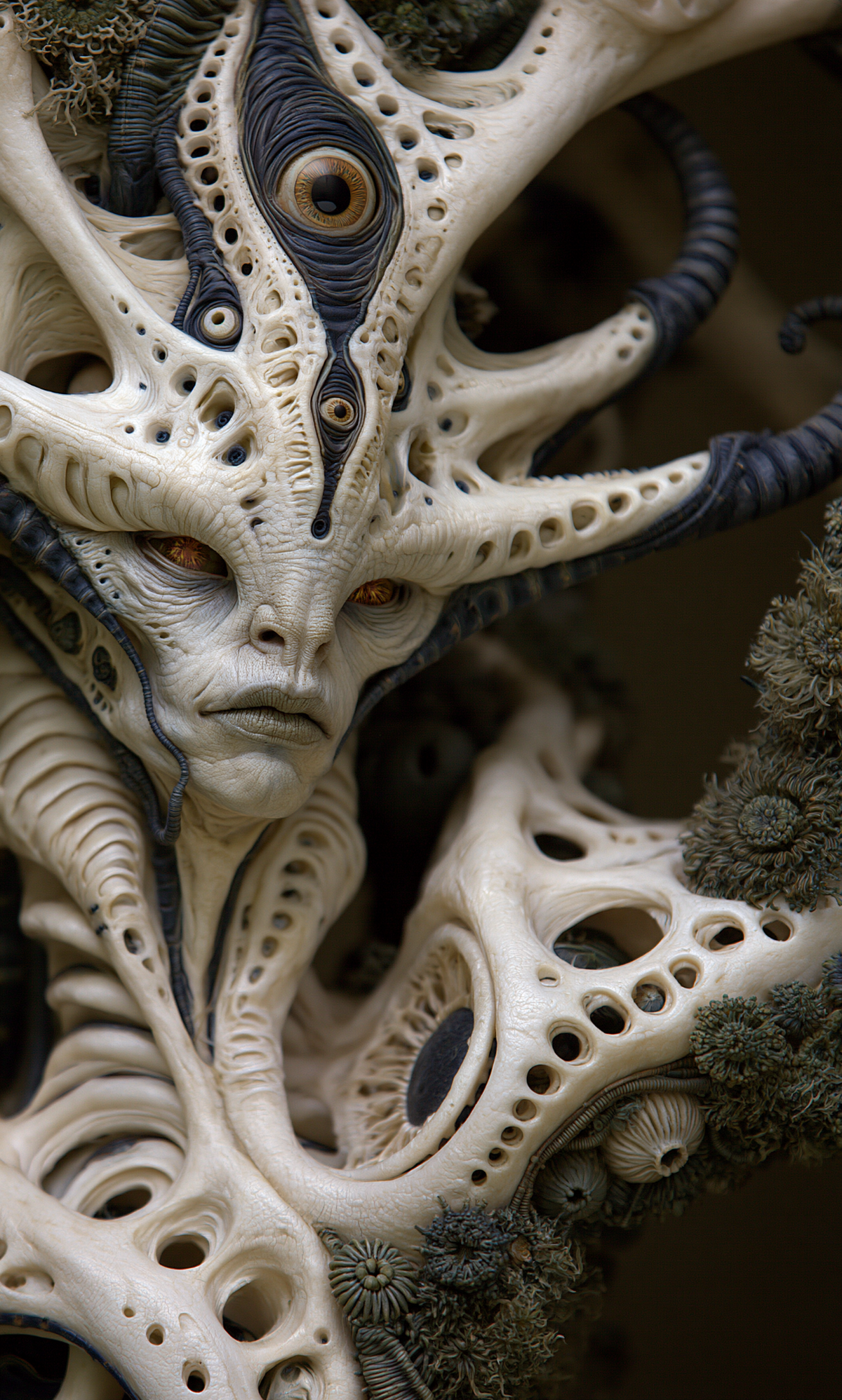 Ivory figure with amber eyes, a crown of porous horns and dark indigo folds in The Name You Had Before, a surreal anatomical portrait by AINATOMIES.