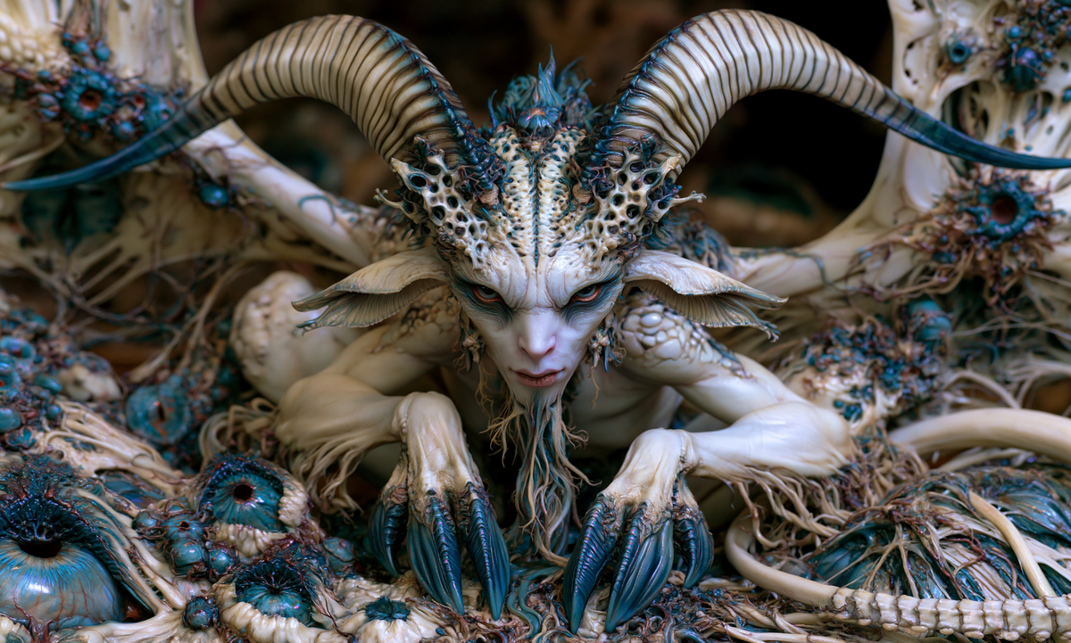Horned figure with an ivory face and dark teal claws amid blue-green eye-like forms in The Terms of Becoming by AINATOMIES.