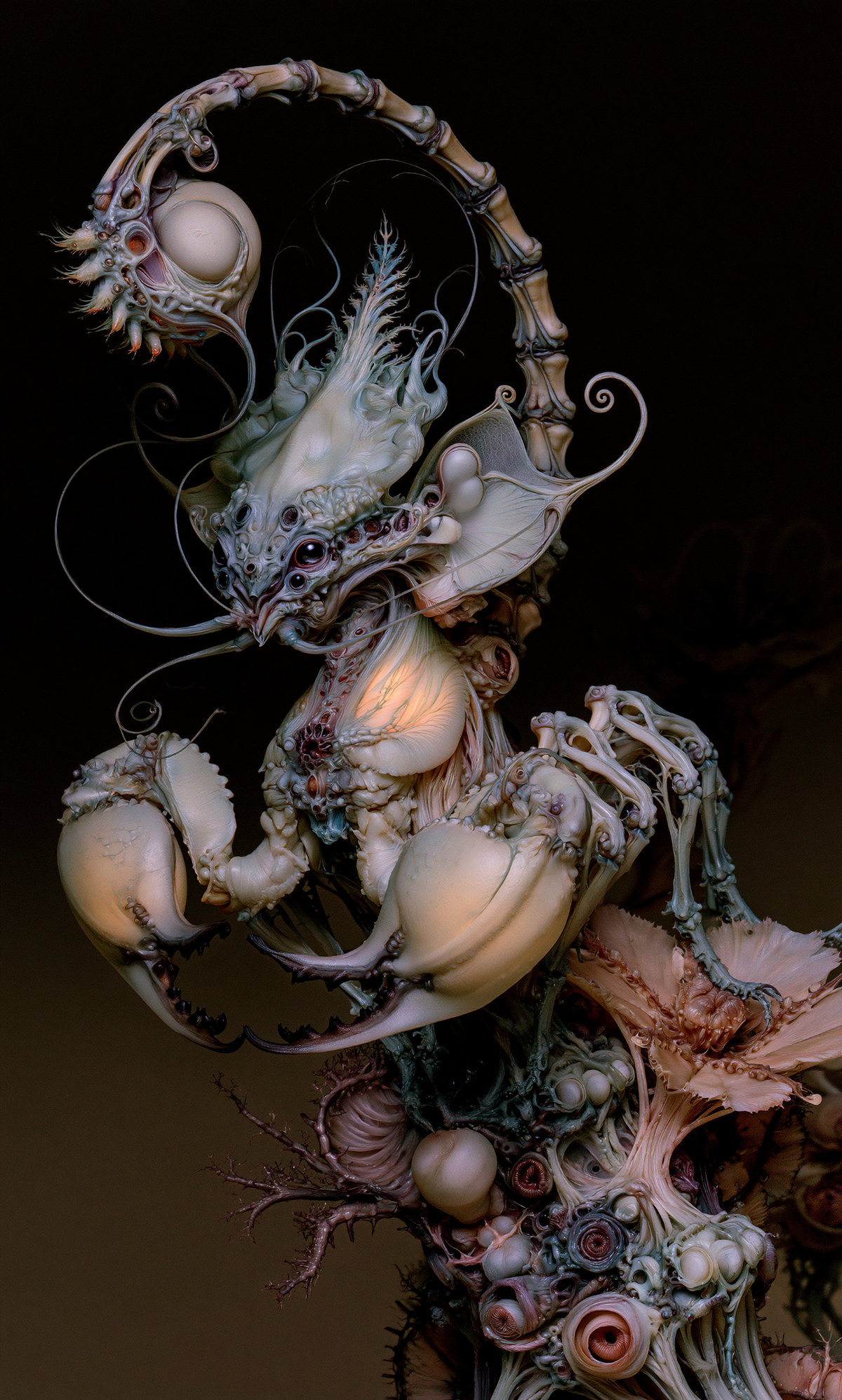 Ivory scorpion-like creature with large pincers, an arched segmented tail and pale pink growths in The Toll Is Never Gold by AINATOMIES.