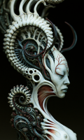 Pale figure in profile with a spiral ivory crest, dark curved spines and fine red veins in The War That Never Arrived by AINATOMIES.