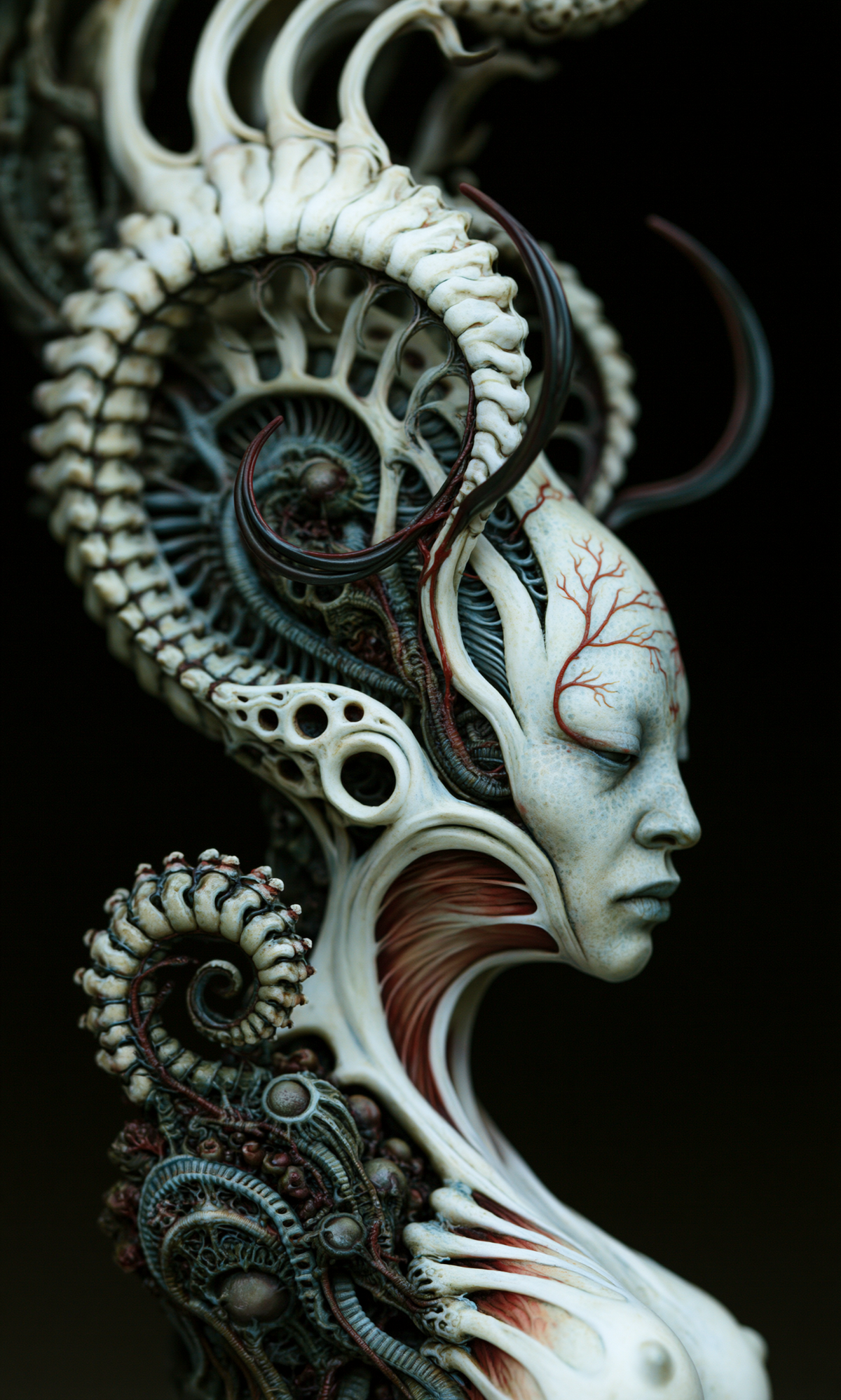 Pale figure in profile with a spiral ivory crest, dark curved spines and fine red veins in The War That Never Arrived by AINATOMIES.