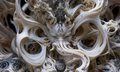 Ivory crowned face surrounded by sweeping hollow loops, fine organic filigree and slate-gray details in The Weight of Unborn Worlds by AINATOMIES.