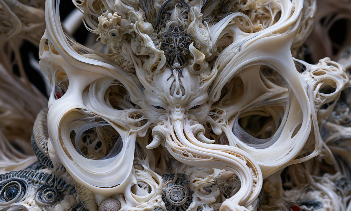 Ivory crowned face surrounded by sweeping hollow loops, fine organic filigree and slate-gray details in The Weight of Unborn Worlds by AINATOMIES.