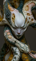 Pale face with yellow-green eyes, an ornate crown and a coiling ivory serpent threaded with teal in The Years Went Around Her by AINATOMIES.