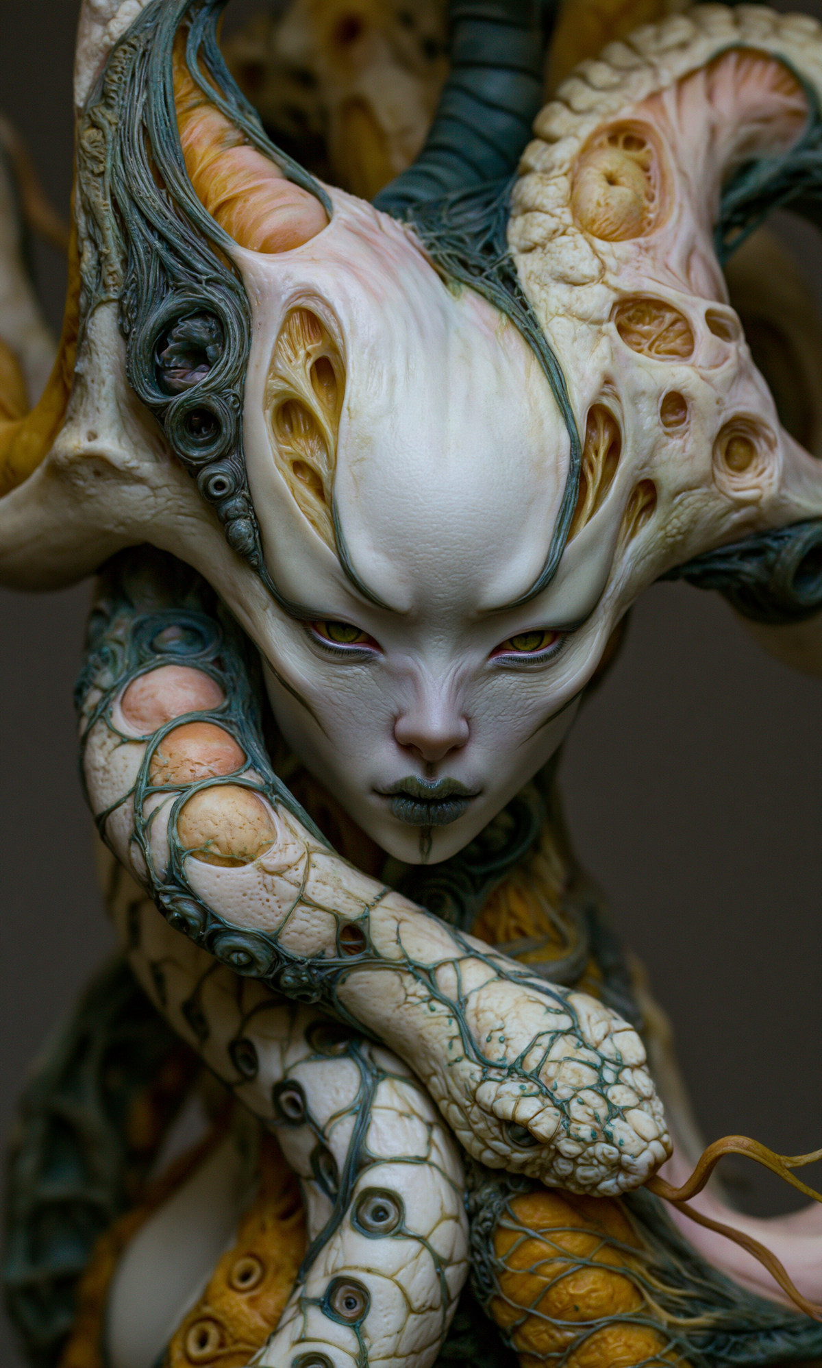 Pale face with yellow-green eyes, an ornate crown and a coiling ivory serpent threaded with teal in The Years Went Around Her by AINATOMIES.