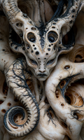 Pale face within curled ivory anatomy, a towering porous crown and branching blue-black veins in What Forever Could Not Give by AINATOMIES.