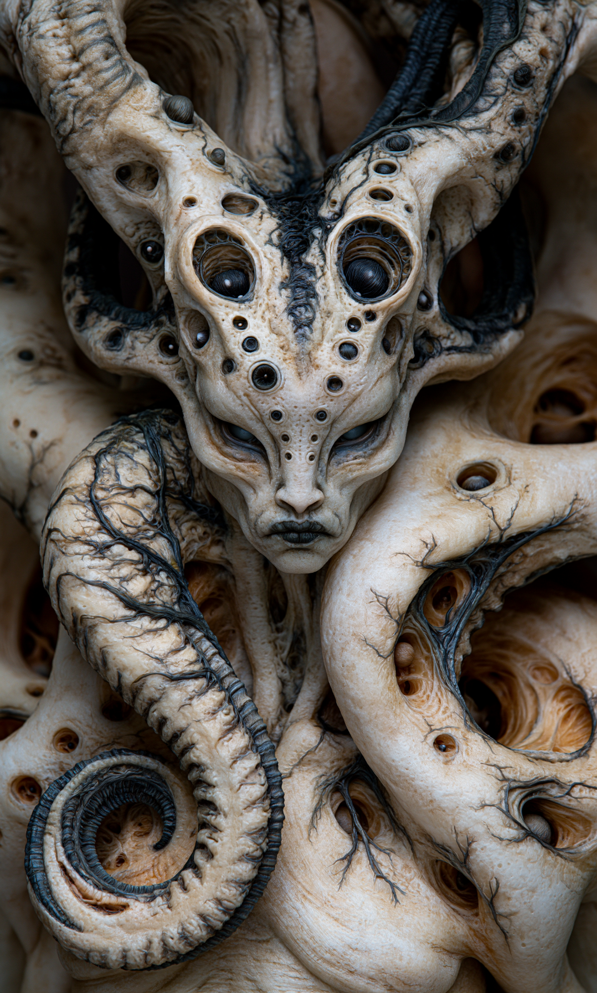 Pale face within curled ivory anatomy, a towering porous crown and branching blue-black veins in What Forever Could Not Give by AINATOMIES.
