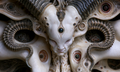 Symmetrical ivory figure with dark curled horns, a glossy forehead orb and intricate skeletal filigree in What Would Not Kneel by AINATOMIES.