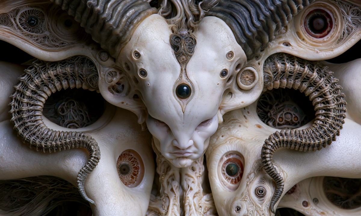 Symmetrical ivory figure with dark curled horns, a glossy forehead orb and intricate skeletal filigree in What Would Not Kneel by AINATOMIES.