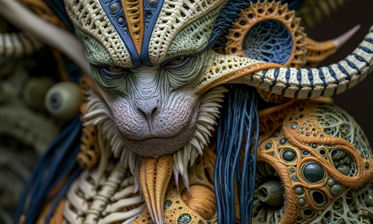 Surreal anatomical portrait of a simian figure with an ivory face, indigo ridges and golden armor, from When Mountains Were Weightless by AINATOMIES.