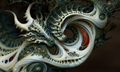Horned creature in profile amid looping ivory anatomy, dark olive filigree and red recesses in Where Morning Waits by AINATOMIES.