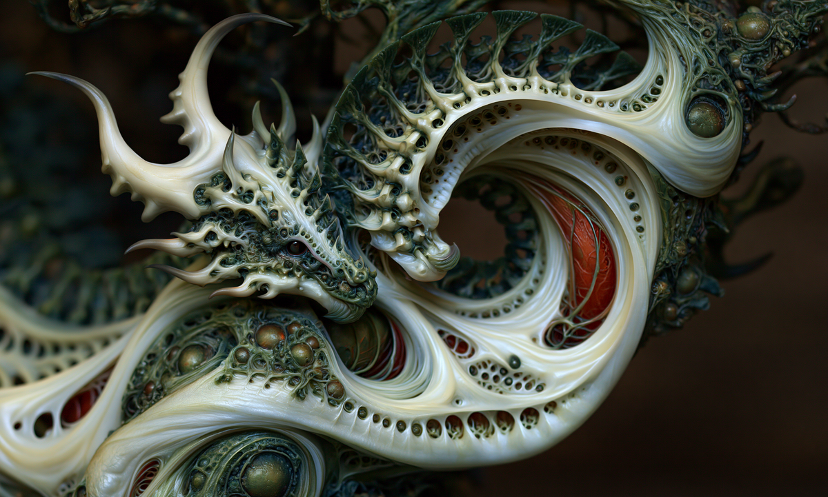 Horned creature in profile amid looping ivory anatomy, dark olive filigree and red recesses in Where Morning Waits by AINATOMIES.