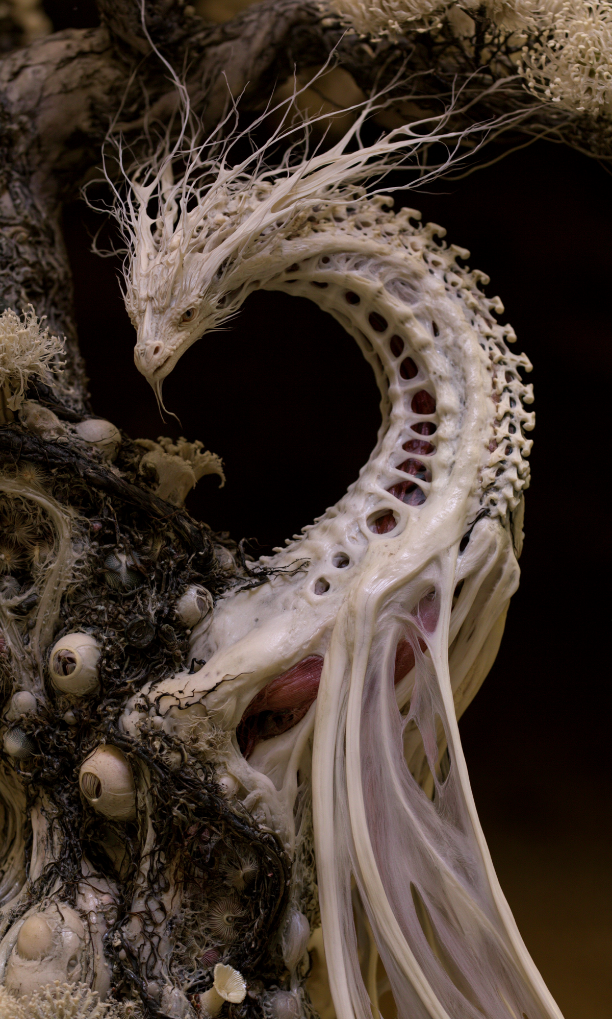 Ivory serpentine creature with a branching crest, open skeletal neck and translucent membranes in Where the Sea Goes Missing by AINATOMIES.